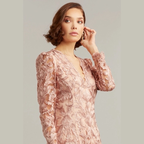 TADASHI SHOJI EVOTA LACE HANDKERCHIEF HEM COCKTAIL DRESS ANTIQUE PINK Size 4 NWT - Picture 4 of 17